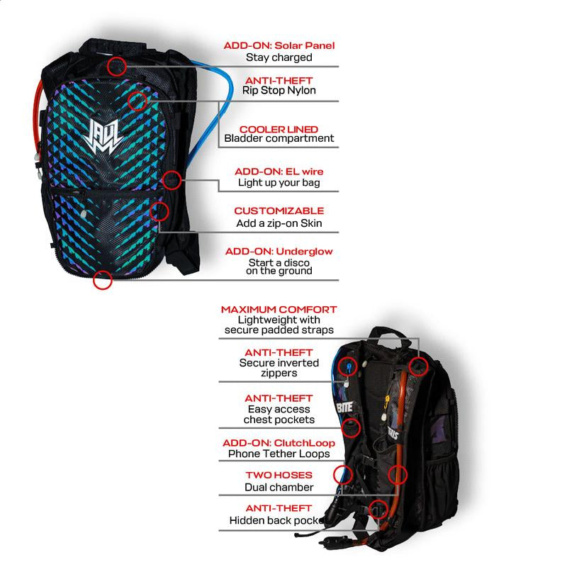 JAUZ X RAVERUNNER - Dual Chamber Hydration Pack - anti Theft Backpack with 3L Water Bladder for Hiking, Festivals - Ideal for Outdoor Activities