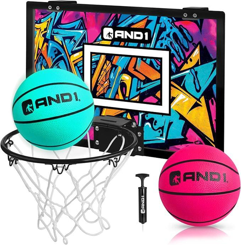 AND1 over the Door Mini Hoop 18"X12" Portable Steel Rim Hoop with 5" Mini Basketball for Indoor Game Set for Children and Adults