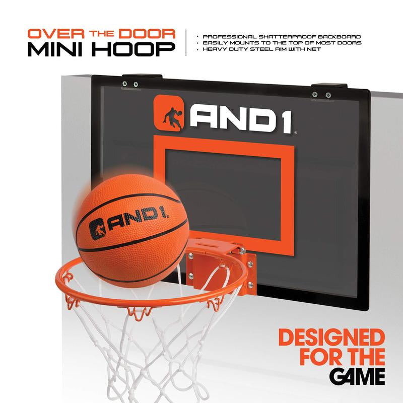 AND1 over the Door Mini Hoop 18"X12" Portable Steel Rim Hoop with 5" Mini Basketball for Indoor Game Set for Children and Adults