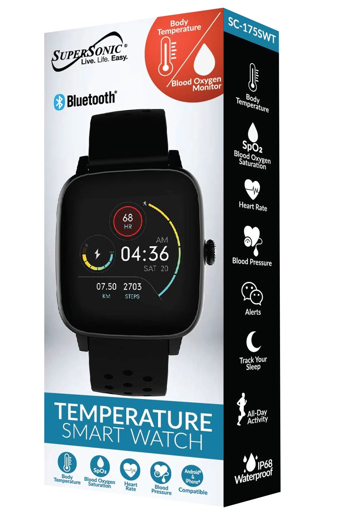 Supersonic Smartwatch with Dynamic Heart Rate, Temperature, Blood Oxygen, and Blood Pressure Monitor (SC-175SWT)