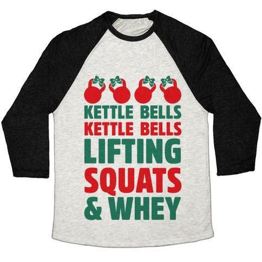 KETTLE BELLS KETTLE BELLS LIFTING SQUATS and WHEY UNISEX TRI-BLEND BASEBALL TEE