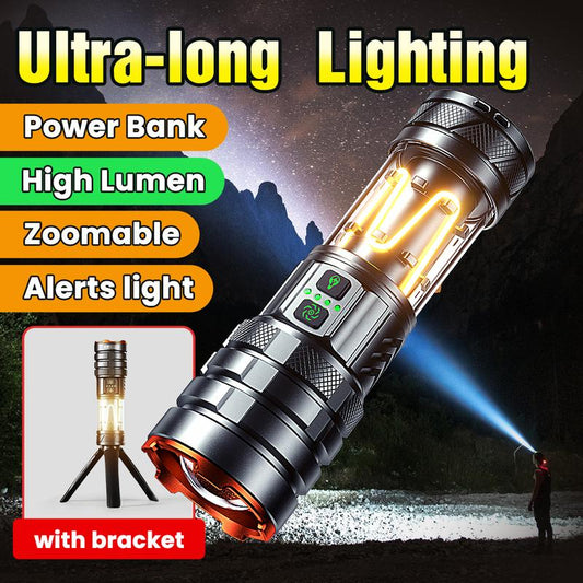 Super Bright LED Outdoor Camping Hiking Flashlight with Powerful Focused Light Source, 5 Adjustable Beams, USB Rechargeable Cell Phone, Smart Power Display, Telescopic Zoom, Perfect for Emergencies, Hiking, Camping and Outdoor Adventures.